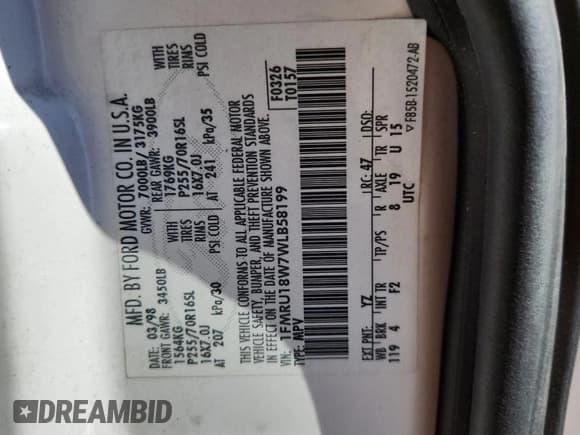 ✅ 1998 Ford Expedition XLT • VIN: 1FMRU18W7WLB58199 • Lot: 81983865. Wystawiony na Copart z przebiegiem 162 811 mil. Bezpłatny archiwum sprzedaży aukcyjnych z USA i szczegółowy raport historii pojazdu na DreamBid. Zdjęcie 13.