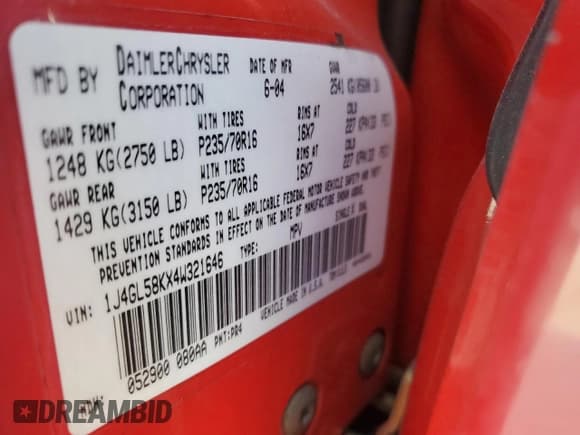 ✅ 2004 Jeep Liberty Limited • VIN: 1J4GL58KX4W321646 • Лот: 83772925. Опубликован ранее на Copart с пробегом 158 403 миль. Бесплатный доступ к архиву аукционных продаж из США и подробный отчёт об истории автомобиля на DreamBid. Изображение 16.