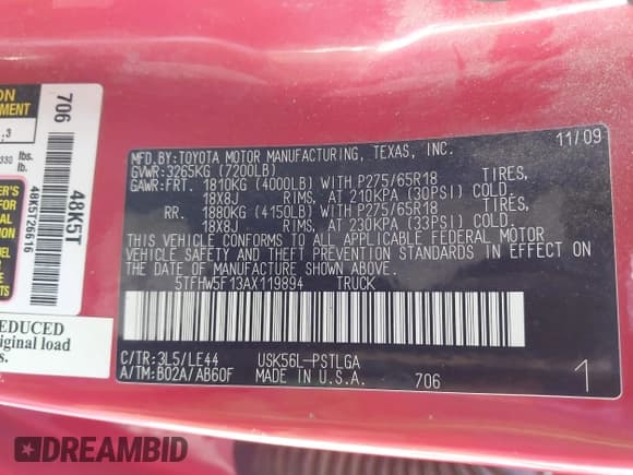 ✅ 2010 Toyota Tundra Limited • VIN: 5TFHW5F13AX119894 • Lot: 41739268. Listed on IAAI with 213,949 mi. Free auction sales archive from the USA and detailed vehicle history report at DreamBid. Image 9.