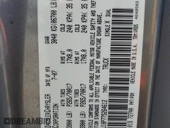 2007 Dodge 1500 SLT z VIN 1D7HU18P77S264612, wystawiony jako Copart lot #69960934 z przebiegiem 202 037 mil mil oraz Szkoda całkowita • Salvage title. Historia ofert i sprzedaży dostępna na DreamBid. Obrazek 13.