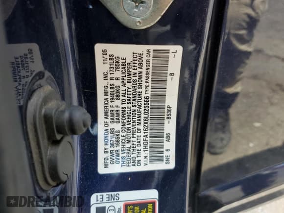 ✅ 2006 Honda Civic DX • VIN: 1HGFA162X6L025566 • Лот: 57087615. Опубликован ранее на Copart с пробегом 211 206 миль. Бесплатный доступ к архиву аукционных продаж из США и подробный отчёт об истории автомобиля на DreamBid. Изображение 12.