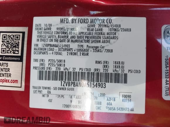 ✅ 2010 Ford Mustang V6 • VIN: 1ZVBP8AN0A5154903 • Lot: 43580768. Listed on IAAI with 152,283 mi. Free auction sales archive from the USA and detailed vehicle history report at DreamBid. Image 9.