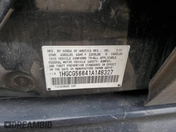 2001 Honda Accord EX z VIN 1HGCG56641A148327, wystawiony jako Copart lot #56532165 z przebiegiem 219 127 mil mil oraz Czysty tytuł • Clean title. Historia ofert i sprzedaży dostępna na DreamBid. Obrazek 12.