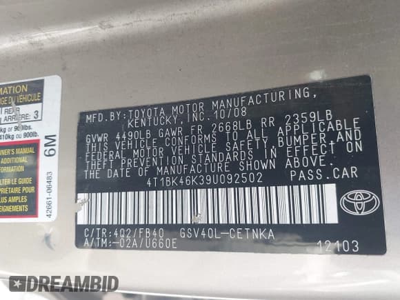 ✅ 2009 Toyota Camry LE • VIN: 4T1BK46K39U092502 • Lot: 42824547. Listed on IAAI with 236,268 mi. Free auction sales archive from the USA and detailed vehicle history report at DreamBid. Image 9.