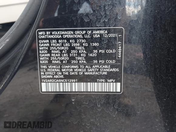 ✅ 2022 Volkswagen Atlas SEL R-Line • VIN: 1V2AR2CA6NC512991 • Lot: 42788320. Listed on IAAI with 78,605 mi. Free auction sales archive from the USA and detailed vehicle history report at DreamBid. Image 9.