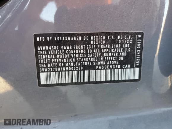 ✅ 2022 Volkswagen Jetta Autobahn • VIN: 3VW2T7BU1NM003290 • Lot: 85561535. Listed on Copart with 1,249 mi. Free auction sales archive from the USA and detailed vehicle history report at DreamBid. Image 12.