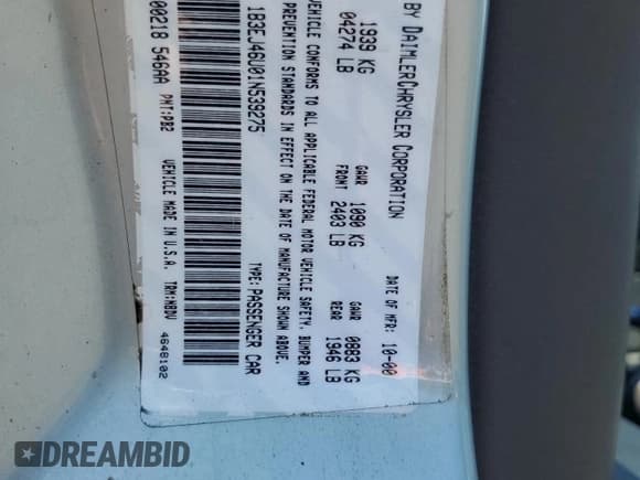 ✅ 2001 Dodge Stratus SE • VIN: 1B3EJ46U01N539275 • Lot: 58804535. Wystawiony na Copart z przebiegiem Nie podano. Bezpłatny archiwum sprzedaży aukcyjnych z USA i szczegółowy raport historii pojazdu na DreamBid. Zdjęcie 12.