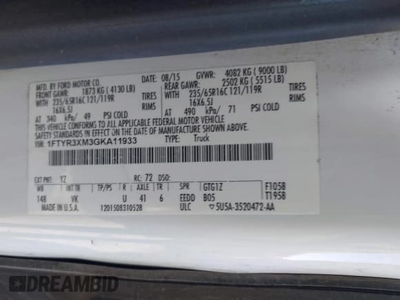 ✅ 2016 Ford Transit Cargo • VIN: 1FTYR3XM3GKA11933 • Lot: 43051661. Wystawiony na IAAI z przebiegiem 65 767 mil. Bezpłatny archiwum sprzedaży aukcyjnych z USA i szczegółowy raport historii pojazdu na DreamBid. Zdjęcie 9.