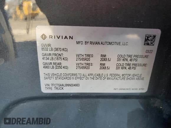 ✅ 2022 Rivian R1T Launch Edition • VIN: 7FCTGAAL6NN004663 • Lot: 84646074. Listed on Copart with Not provided. Free auction sales archive from the USA and detailed vehicle history report at DreamBid. Image 12.
