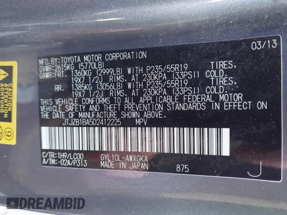 ✅ 2013 Lexus RX 450h • VIN: JTJZB1BA5D2412225 • Lot: 42475194. Listed on IAAI with 144,278 mi. Free auction sales archive from the USA and detailed vehicle history report at DreamBid. Image 9.