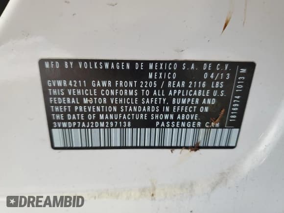 ✅ 2013 Volkswagen Jetta SE • VIN: 3VWDP7AJ2DM297138 • Lot: 46864115. Listed on Copart with Not provided. Free auction sales archive from the USA and detailed vehicle history report at DreamBid. Image 12.