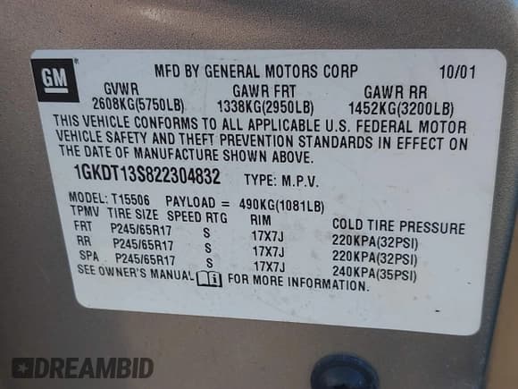 ✅ 2002 GMC Envoy SLT • VIN: 1GKDT13S822304832 • Lot: 40874054. Listed on IAAI with 132,883 mi. Free auction sales archive from the USA and detailed vehicle history report at DreamBid. Image 9.