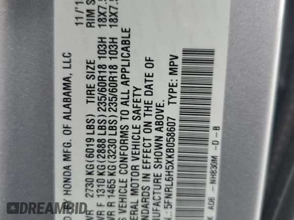 ✅ 2019 Honda Odyssey EX • VIN: 5FNRL6H5XKB058607 • Lot: 90239005. Listed on Copart with Not provided. Free auction sales archive from the USA and detailed vehicle history report at DreamBid. Image 13.