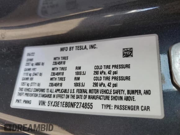✅ 2022 Tesla Model 3 Long Range • VIN: 5YJ3E1EB0NF274855 • Лот: 55218685. Опубликован ранее на Copart с пробегом Не указан. Бесплатный доступ к архиву аукционных продаж из США и подробный отчёт об истории автомобиля на DreamBid. Изображение 12.