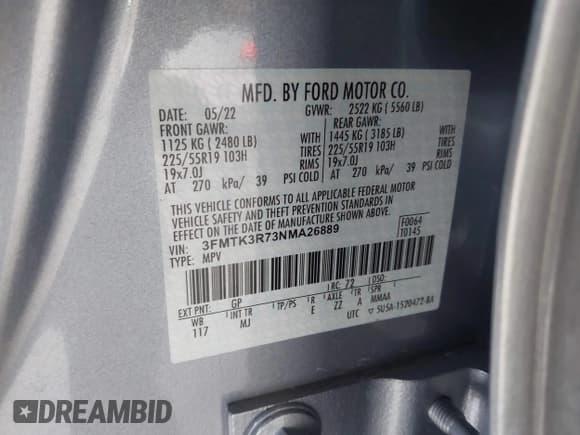 ✅ 2022 Ford Mustang Mach-E Premium • VIN: 3FMTK3R73NMA26889 • Lot: 41916352. Wystawiony na IAAI z przebiegiem 36 441 mil. Bezpłatny archiwum sprzedaży aukcyjnych z USA i szczegółowy raport historii pojazdu na DreamBid. Zdjęcie 9.