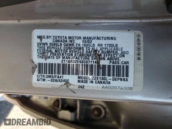 ✅ 2003 Toyota Corolla S • VIN: 2T1BR32E63C071142 • Lot: 81503085. Listed on Copart with 167,506 mi. Free auction sales archive from the USA and detailed vehicle history report at DreamBid. Image 12.