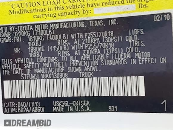 ✅ 2010 Toyota Tundra • VIN: 5TFUW5F18AX130808 • Лот: 43225579. Опубликован ранее на IAAI с пробегом 266 264 миль. Бесплатный доступ к архиву аукционных продаж из США и подробный отчёт об истории автомобиля на DreamBid. Изображение 9.