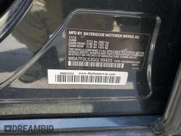 ✅ 2016 BMW 7 Series 750i • VIN: WBA7F0C53GGL99425 • Lot: 59640465. Listed on Copart with Not provided. Free auction sales archive from the USA and detailed vehicle history report at DreamBid. Image 12.