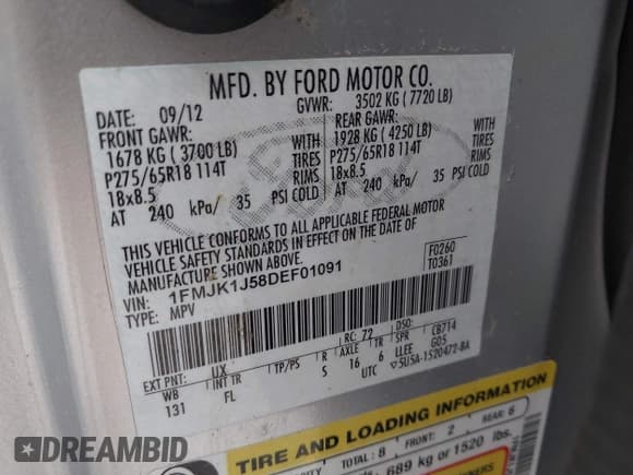 ✅ 2013 Ford Expedition Max XLT • VIN: 1FMJK1J58DEF01091 • Лот: 42674050. Опубликован ранее на IAAI с пробегом 220 402 миль. Бесплатный доступ к архиву аукционных продаж из США и подробный отчёт об истории автомобиля на DreamBid. Изображение 9.