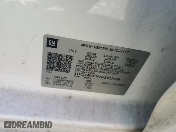 ✅ 2019 Chevrolet Silverado 1500 Work Truck • VIN: 1GCRWAEH7KZ417589 • Lot: 71934525. Wystawiony na Copart z przebiegiem 173 841 mil. Bezpłatny archiwum sprzedaży aukcyjnych z USA i szczegółowy raport historii pojazdu na DreamBid. Zdjęcie 12.