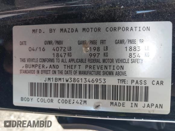 ✅ 2016 Mazda 3 S Touring • VIN: JM1BM1W38G1346953 • Лот: 42584351. Опубликован ранее на IAAI с пробегом 52 668 миль. Бесплатный доступ к архиву аукционных продаж из США и подробный отчёт об истории автомобиля на DreamBid. Изображение 9.