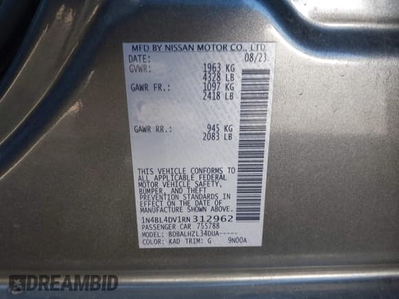 ✅ 2024 Nissan Altima SV • VIN: 1N4BL4DV1RN312962 • Lot: 43133982. Listed on IAAI with 41,635 mi. Free auction sales archive from the USA and detailed vehicle history report at DreamBid. Image 9.