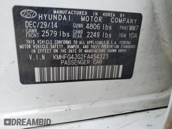 2015 Hyundai Azera с VIN KMHFG4JG2FA454323, выставлен на аукционе Copart как лот 84822954 с пробегом 173 498 миль миль и Списание • Salvage title. История ставок и продаж доступна на DreamBid. Изображение 14.