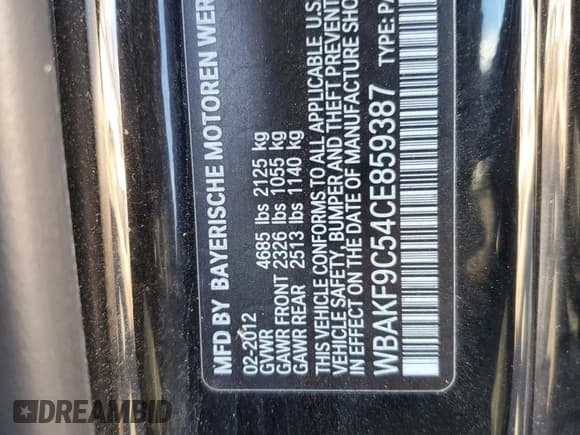 ✅ 2012 BMW 3 Series 335i xDrive • VIN: WBAKF9C54CE859387 • Lot: 93083005. Listed on Copart with 129,128 mi. Free auction sales archive from the USA and detailed vehicle history report at DreamBid. Image 12.