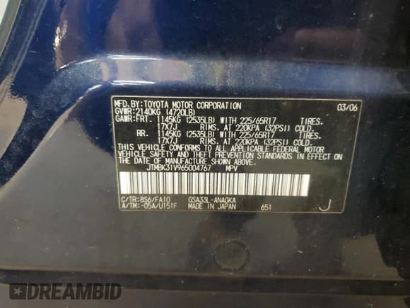 ✅ 2006 Toyota RAV4 Limited • VIN: JTMBK31V965004767 • Лот: 92817125. Опубликован ранее на Copart с пробегом 259 892 миль. Бесплатный доступ к архиву аукционных продаж из США и подробный отчёт об истории автомобиля на DreamBid. Изображение 12.