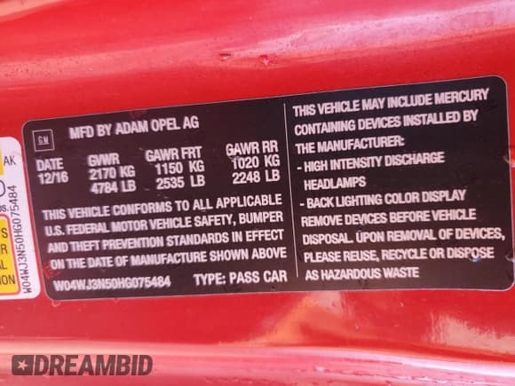 ✅ 2017 Buick Cascada Sport Touring • VIN: W04WJ3N50HG075484 • Lot: 73755504. Listed on Copart with Not provided. Free auction sales archive from the USA and detailed vehicle history report at DreamBid. Image 13.