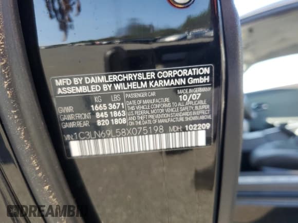 ✅ 2008 Chrysler Crossfire Limited • VIN: 1C3LN69L58X075198 • Lot: 67274875. Wystawiony na Copart z przebiegiem 145 770 mil. Bezpłatny archiwum sprzedaży aukcyjnych z USA i szczegółowy raport historii pojazdu na DreamBid. Zdjęcie 12.