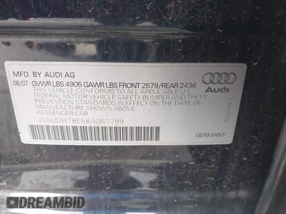 ✅ 2008 Audi A4 3.2L • VIN: WAUDH78E58A061799 • Lot: 43680889. Listed on IAAI with 164,762 mi. Free auction sales archive from the USA and detailed vehicle history report at DreamBid. Image 9.