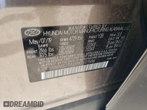 ✅ 2019 Hyundai Santa Fe SE • VIN: 5NMS23AD9KH121506 • Lot: 48209543. Wystawiony na Copart z przebiegiem 36 935 mil. Bezpłatny archiwum sprzedaży aukcyjnych z USA i szczegółowy raport historii pojazdu na DreamBid. Zdjęcie 15.