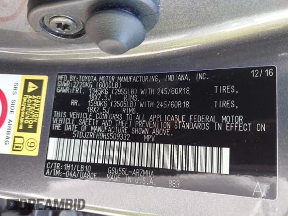 ✅ 2017 Toyota Highlander XLE • VIN: 5TDJZRFH9HS509332 • Lot: 42845718. Wystawiony na IAAI z przebiegiem 113 462 mil. Bezpłatny archiwum sprzedaży aukcyjnych z USA i szczegółowy raport historii pojazdu na DreamBid. Zdjęcie 9.