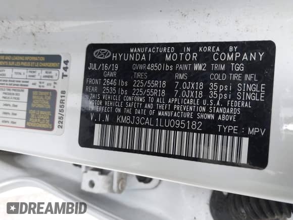 2020 Hyundai Tucson SEL z VIN KM8J3CAL1LU095182, wystawiony jako IAAI lot #41851648 z przebiegiem 25 208 mil mil oraz . Historia ofert i sprzedaży dostępna na DreamBid. Obrazek 9.