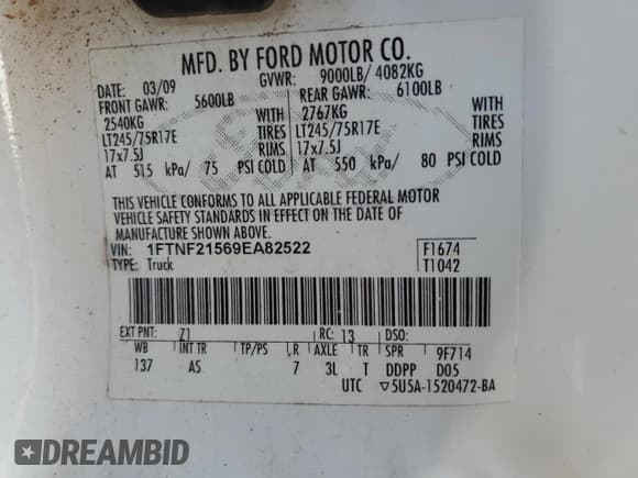 ✅ 2009 Ford F-250 XL • VIN: 1FTNF21569EA82522 • Lot: 88219695. Listed on Copart with 86,499 mi. Free auction sales archive from the USA and detailed vehicle history report at DreamBid. Image 14.