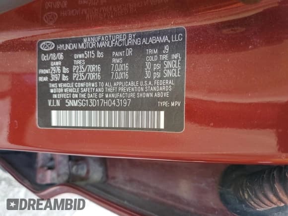 ✅ 2007 Hyundai Santa Fe GLS • VIN: 5NMSG13D17H043197 • Lot: 86090034. Listed on Copart with 195,341 mi. Free auction sales archive from the USA and detailed vehicle history report at DreamBid. Image 13.