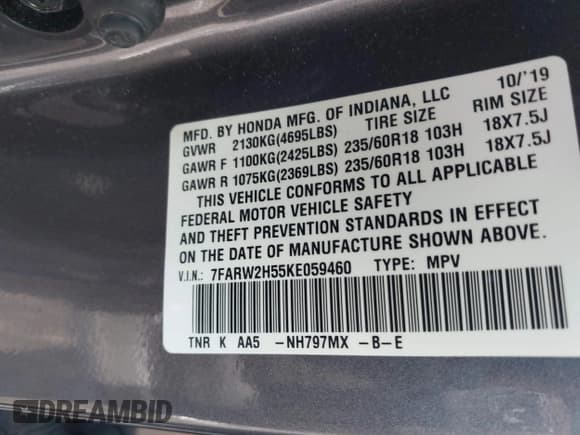 ✅ 2019 Honda CR-V EX • VIN: 7FARW2H55KE059460 • Lot: 43658652. Listed on IAAI with 82,593 mi. Free auction sales archive from the USA and detailed vehicle history report at DreamBid. Image 9.