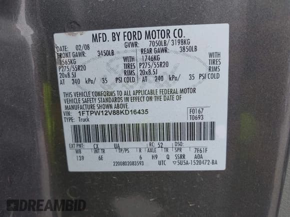 ✅ 2008 Ford F-150 XLT • VIN: 1FTPW12V88KD16435 • Lot: 42410930. Listed on IAAI with 177,559 mi. Free auction sales archive from the USA and detailed vehicle history report at DreamBid. Image 9.