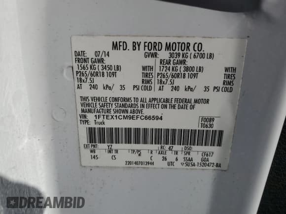 ✅ 2014 Ford F-150 XLT • VIN: 1FTEX1CM9EFC66594 • Lot: 93904805. Listed on Copart with 139,508 mi. Free auction sales archive from the USA and detailed vehicle history report at DreamBid. Image 12.