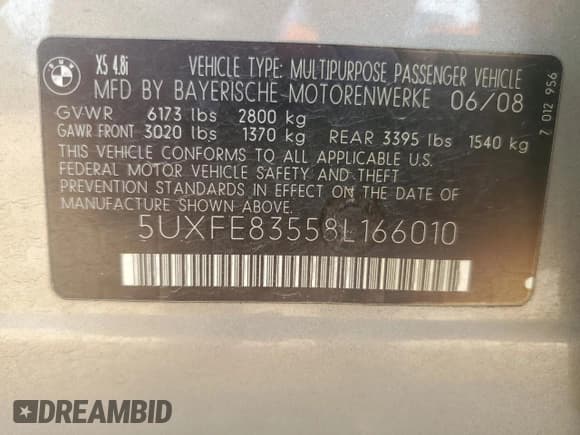 ✅ 2008 BMW X5 4.8i • VIN: 5UXFE83558L166010 • Lot: 82340185. Listed on Copart with 173,377 mi. Free auction sales archive from the USA and detailed vehicle history report at DreamBid. Image 13.