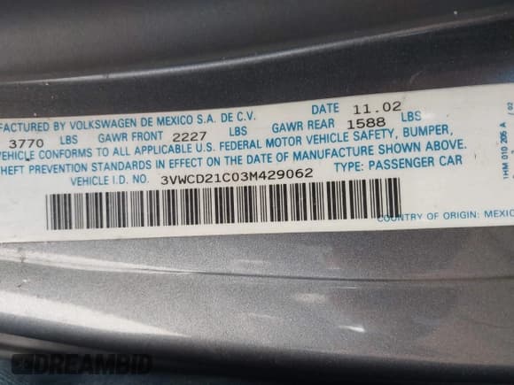 ✅ 2003 Volkswagen Beetle GLS • VIN: 3VWCD21C03M429062 • Lot: 43882296. Listed on IAAI with 171,232 mi. Free auction sales archive from the USA and detailed vehicle history report at DreamBid. Image 9.