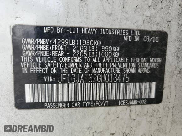 2016 Subaru Impreza Premium с VIN JF1GJAF62GH013475, выставлен на аукционе Copart как лот 90901125 с пробегом 97 201 миль миль и Списание • Salvage title. История ставок и продаж доступна на DreamBid. Изображение 13.