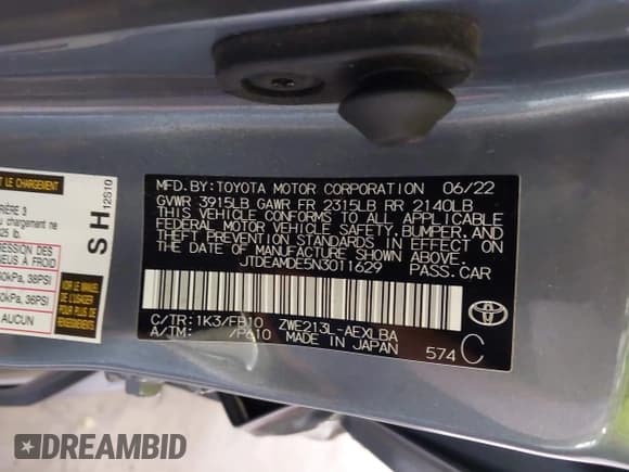 ✅ 2022 Toyota Corolla Hybrid LE • VIN: JTDEAMDE5N3011629 • Lot: 43001535. Listed on IAAI with 34,385 mi. Free auction sales archive from the USA and detailed vehicle history report at DreamBid. Image 9.