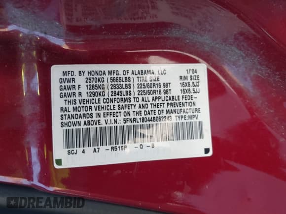 ✅ 2004 Honda Odyssey EX-L • VIN: 5FNRL18044B062243 • Лот: 43161084. Опубликован ранее на IAAI с пробегом 160 964 миль. Бесплатный доступ к архиву аукционных продаж из США и подробный отчёт об истории автомобиля на DreamBid. Изображение 9.