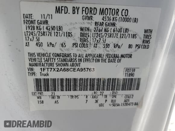 ✅ 2012 Ford F-250 XL • VIN: 1FT7X2A68CEA95763 • Lot: 67407645. Listed on Copart with 92,570 mi. Free auction sales archive from the USA and detailed vehicle history report at DreamBid. Image 12.