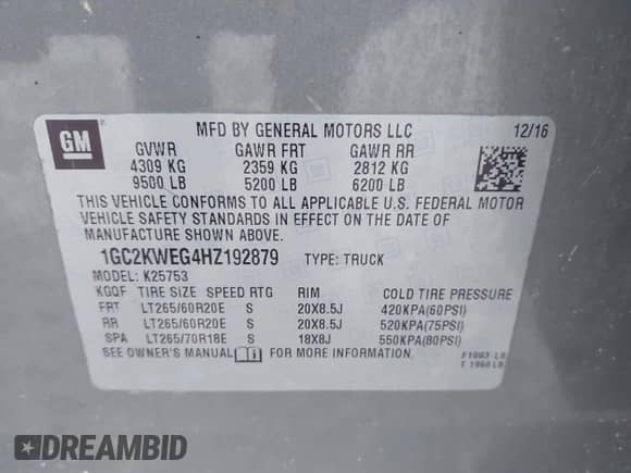 2017 Chevrolet Silverado 2500HD LTZ with VIN 1GC2KWEG4HZ192879, listed as a IAAI auction lot 43380040 with 98,324 mi miles and . Bid and sale history available at DreamBid. Image 9.