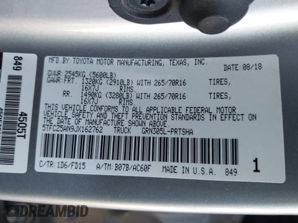 ✅ 2018 Toyota Tacoma SR • VIN: 5TFCZ5AN9JX162762 • Lot: 42814926. Listed on IAAI with 55,579 mi. Free auction sales archive from the USA and detailed vehicle history report at DreamBid. Image 9.