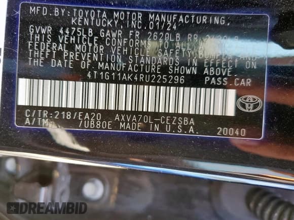 ✅ 2024 Toyota Camry SE • VIN: 4T1G11AK4RU225296 • Lot: 85887085. Wystawiony na Copart z przebiegiem 26 253 mil. Bezpłatny archiwum sprzedaży aukcyjnych z USA i szczegółowy raport historii pojazdu na DreamBid. Zdjęcie 13.