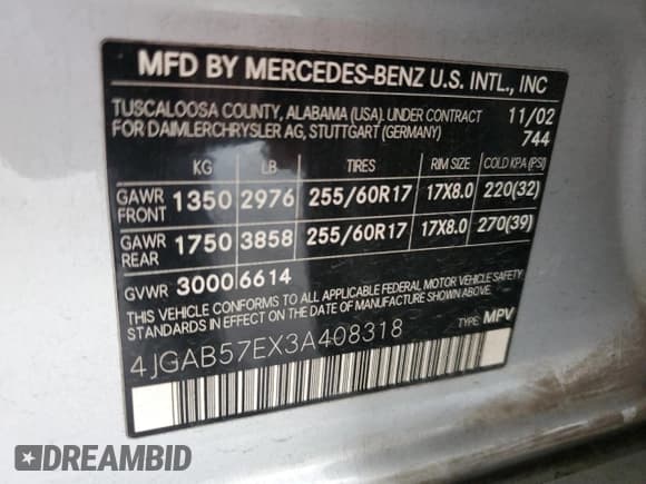 ✅ 2003 Mercedes-Benz M 350 • VIN: 4JGAB57EX3A408318 • Lot: 53401985. Listed on Copart with 179,045 mi. Free auction sales archive from the USA and detailed vehicle history report at DreamBid. Image 12.